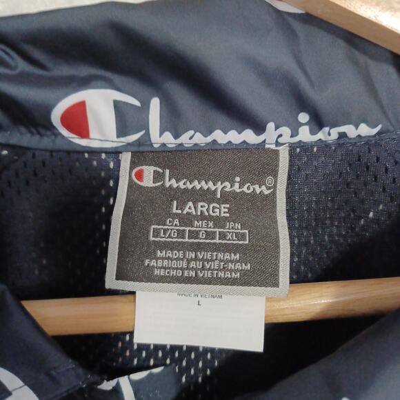 Champion Script Logo Cropped Jacket Women Large Navy Blue Tape Zippered Sleeves - Picture 3 of 7